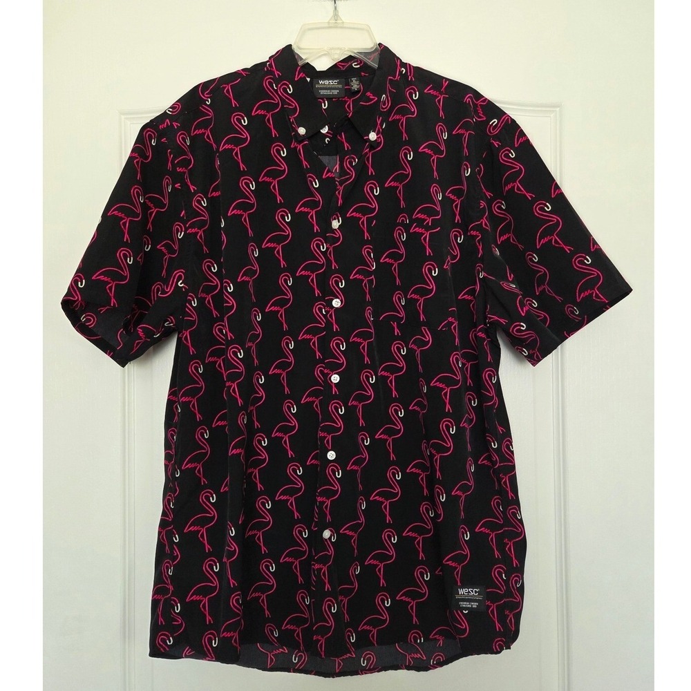 WESC Flamingo Print Button Down Short Sleeve Shirt Mens XL/ Womens XXL Beach